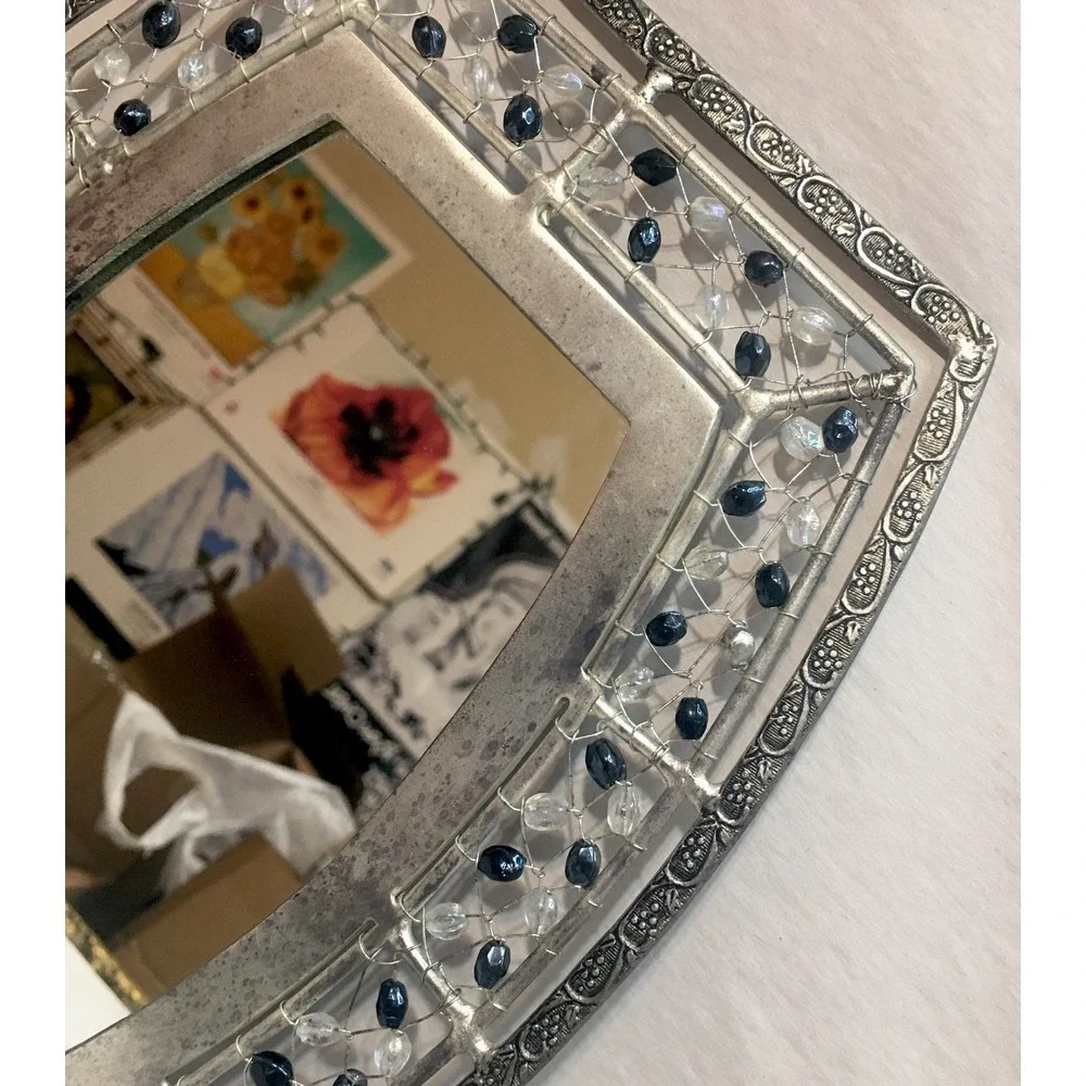 Silver-Tone Sapphire and Iridescent Glass Bead Hand Tied Mirror Art Deco Boho‎